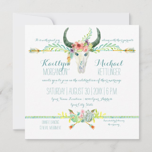 Invitation BOHO Desert South West Bois Floral Vache Arrow crâ (Devant)