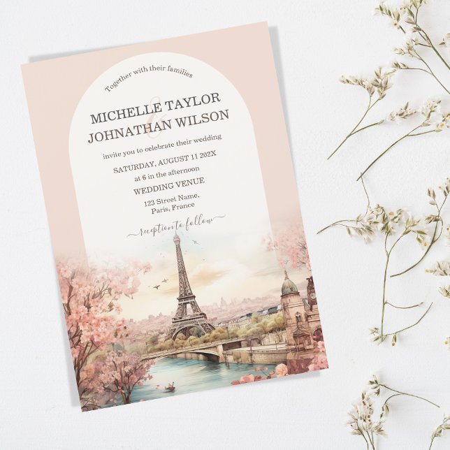 Invitation Boho Destination Wedding Paris Tour Eiffel France (boho paris watercolor blush pink)