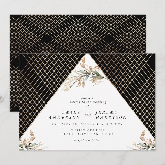 Invitation Boho Diamant huile Onyx Deco Or Eucalyptus (Devant / Derrière)