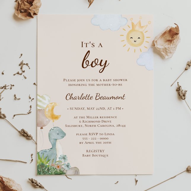 Invitation Boho Dinosaur Beige C'est un Baby shower garçon (Créateur téléchargé)