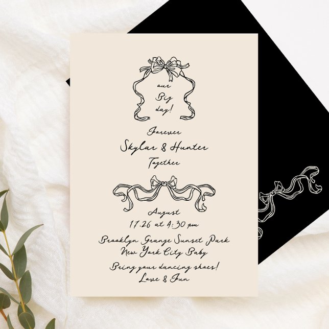 Invitation Boho Doodle manuscrit rétro Black Cream Mariage (Créateur téléchargé)