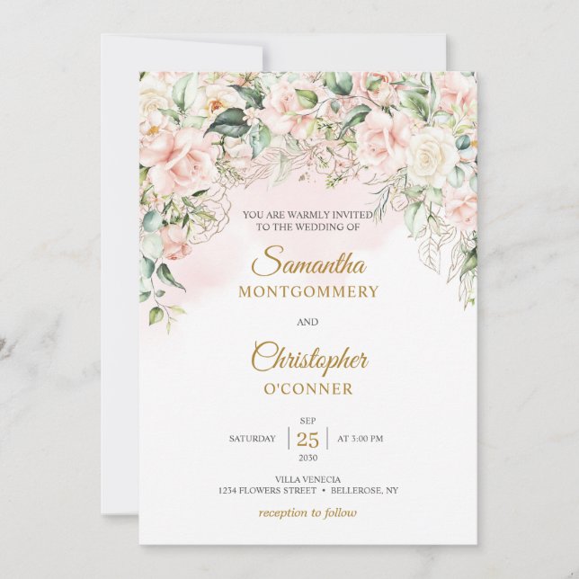 Invitation Boho douce pastel aquarelle blush roses faux or (Devant)