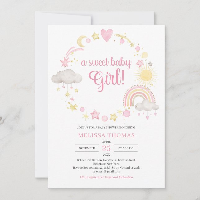 Invitation Boho douce pastel rose et jaune une petite fille d (Devant)