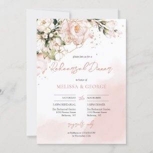 Invitation Boho douce rose pastel roses eucalyptus or
