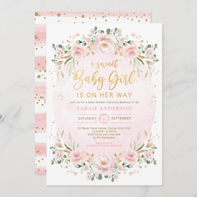 Invitation Boho doux Blush Floral Wreath Girl Baby shower (Devant / Derrière)