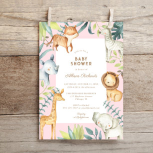 Invitation Boho doux safari animaux rose fille baby shower