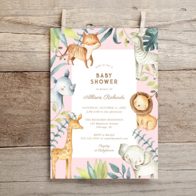 Invitation Boho doux safari animaux rose fille baby shower (Créateur téléchargé)