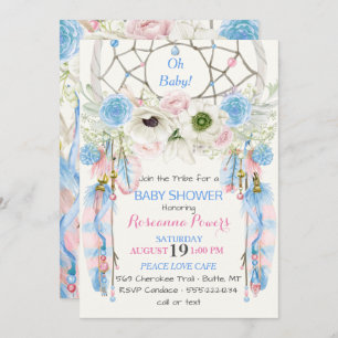 Invitation Boho Dream Catcher Feathers Blue & Pink