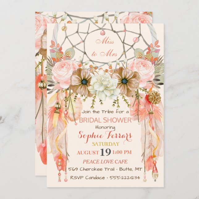 Invitation Boho Dream Catcher Feathers Peach Coral (Devant / Derrière)