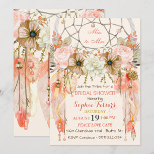 Invitation Boho Dream Catcher Feathers Peach Coral