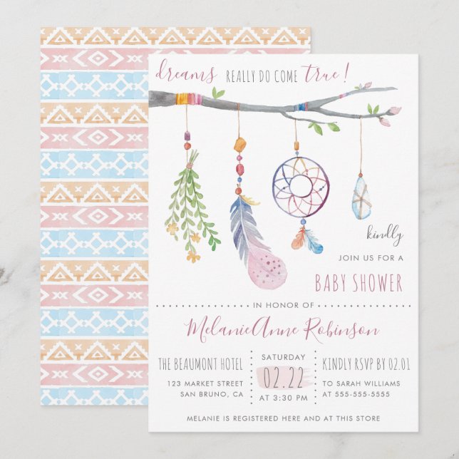 Invitation Boho Dream Catcher & Tribal FeathBaby shower (Devant / Derrière)