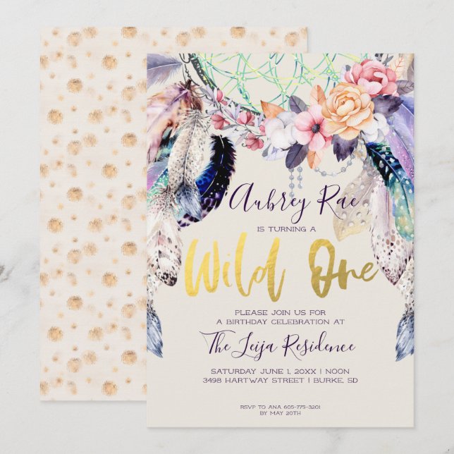 Invitation Boho Dreamcatcher Wild One Anniversaire (Devant / Derrière)