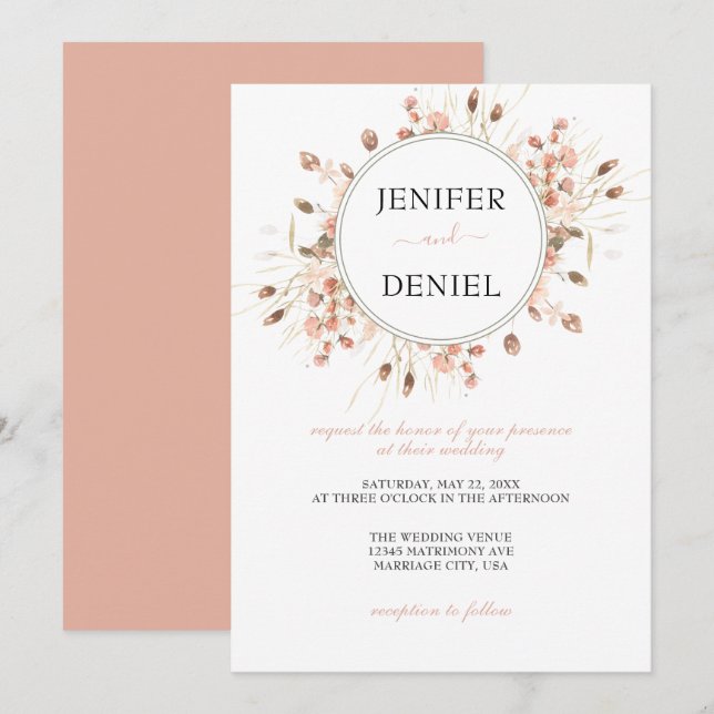 Invitation Boho Dried Watercolor Floral Wedding (Devant / Derrière)