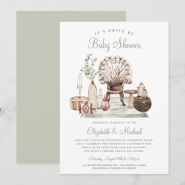Invitation Boho Drive By Green Eucalyptus Baby shower Invitat (Devant / Derrière)