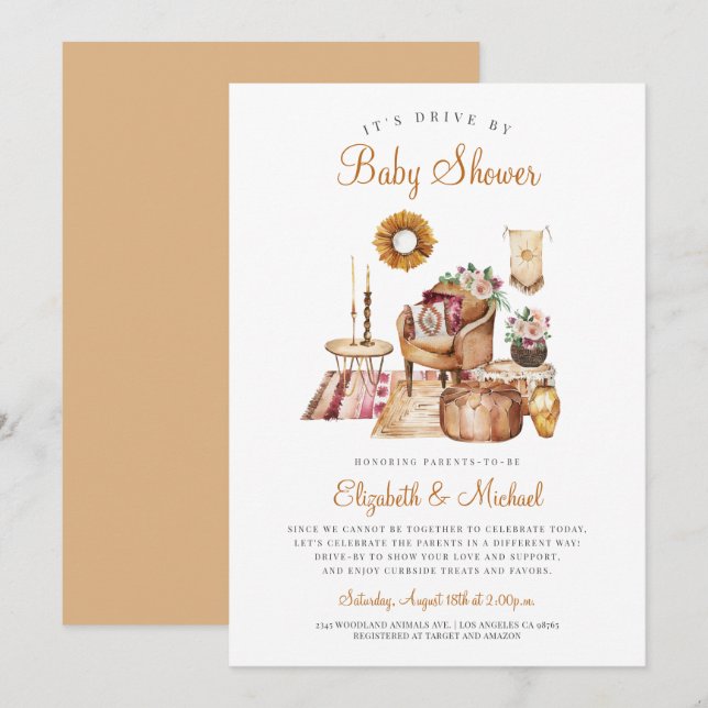 Invitation Boho Drive Par Terracotta Baby shower Neutre (Devant / Derrière)