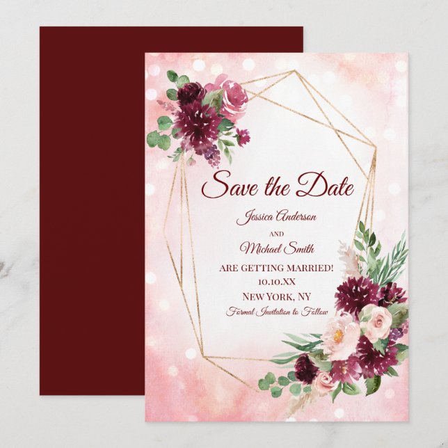 Invitation Boho du vin de Bourgogne Aquarelle Florale Sauvez  (Devant / Derrière)