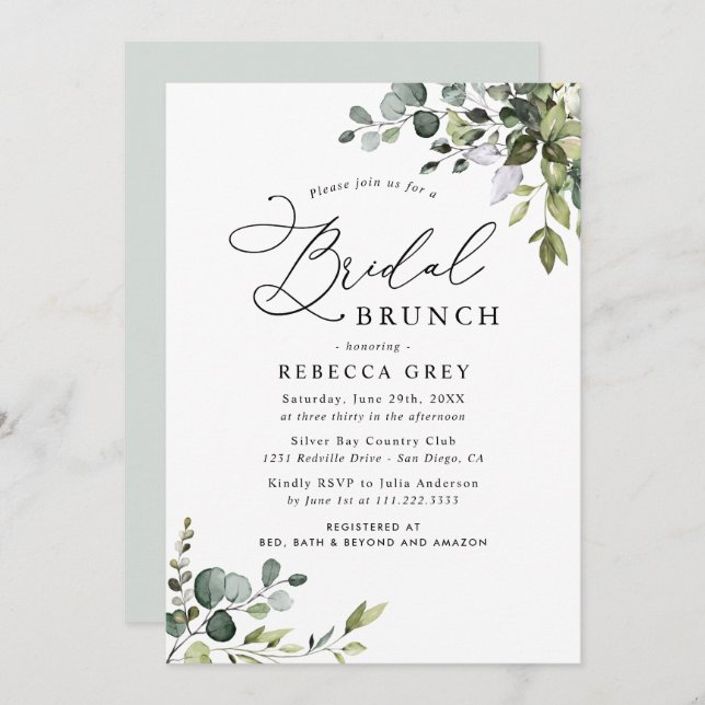 Invitation Boho Dusty Bleu Aquarelle Verdure Brunch nuptial (Devant / Derrière)