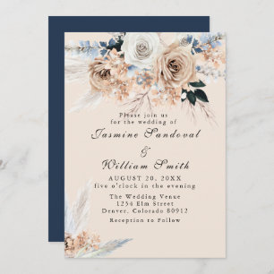 Invitation Boho Dusty Bleu et Beige Floral Mariage Invitatiat