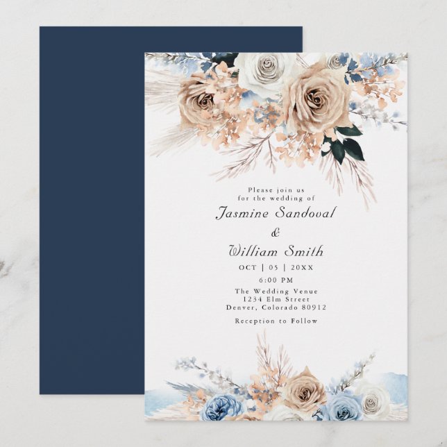 Invitation Boho Dusty bleu et Mariage floral beige (Devant / Derrière)