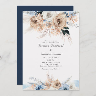 Invitation Boho Dusty bleu et Mariage floral beige