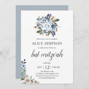 Invitation Boho Dusty Bleu Fleurs beiges Bat mitzvah
