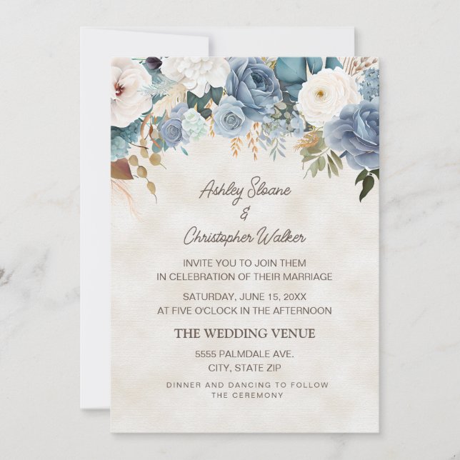 Invitation Boho Dusty Bleu Fleurs Blanches Mariage de crème (Devant)