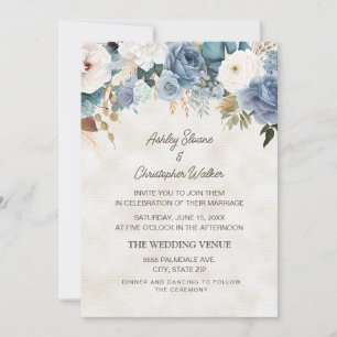 Invitation Boho Dusty Bleu Fleurs Blanches Mariage de crème
