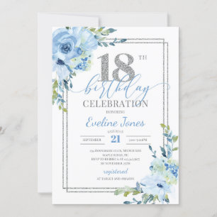 Invitation Boho Dusty bleu floral argent anniversaire géométr