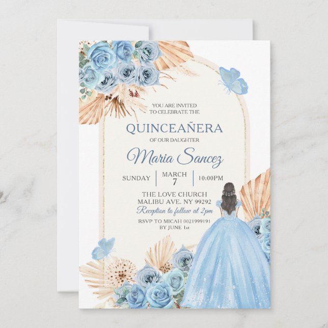 Invitation Boho Dusty Bleu Floral Espagnol fille XV Años Invi (Devant)