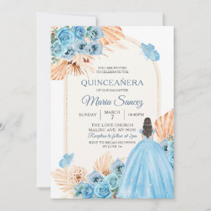 Invitation Boho Dusty Bleu Floral Espagnol fille XV Años Invi