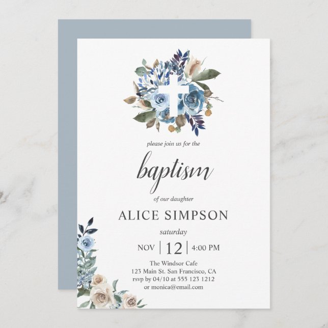 Invitation Boho Dusty Blue Beige Fleurs Baptême  (Devant / Derrière)