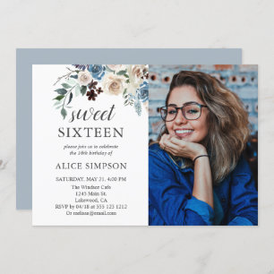 Invitation Boho Dusty Blue Beige Fleurs Photo Sweet 16