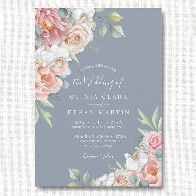 Invitation Boho Dusty Blue Blush rose Floral Russe Mariage (Créateur téléchargé)