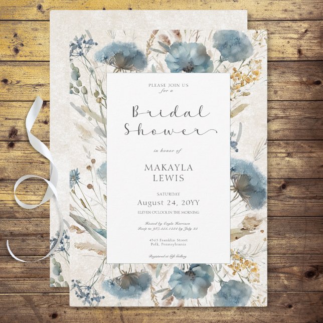 Invitation Boho Dusty Blue & Brown Floral Fête des mariées (Boho Dusty Blue & Brown Floral Bridal Shower Invitation)