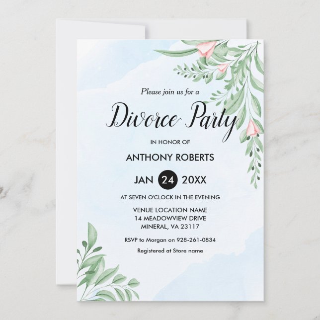 Invitation Boho Dusty Blue Eucalyptus Green Divorce Party  (Devant)