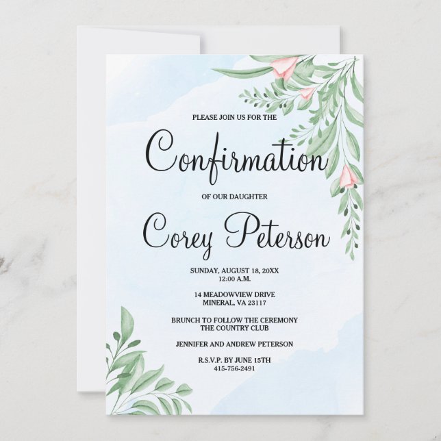 Invitation Boho Dusty Blue Eucalyptus vert Confirmation (Devant)