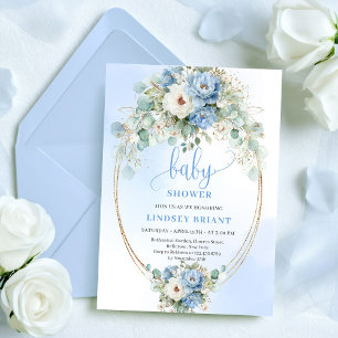 Invitation Boho Dusty Blue Fleurs Eucalyptus Or Bébé Showe