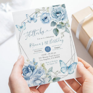 Invitation Boho Dusty Blue Floral Butterfly Anniversaire