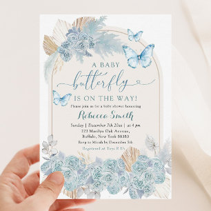 Invitation Boho Dusty Blue Floral Butterfly Baby shower