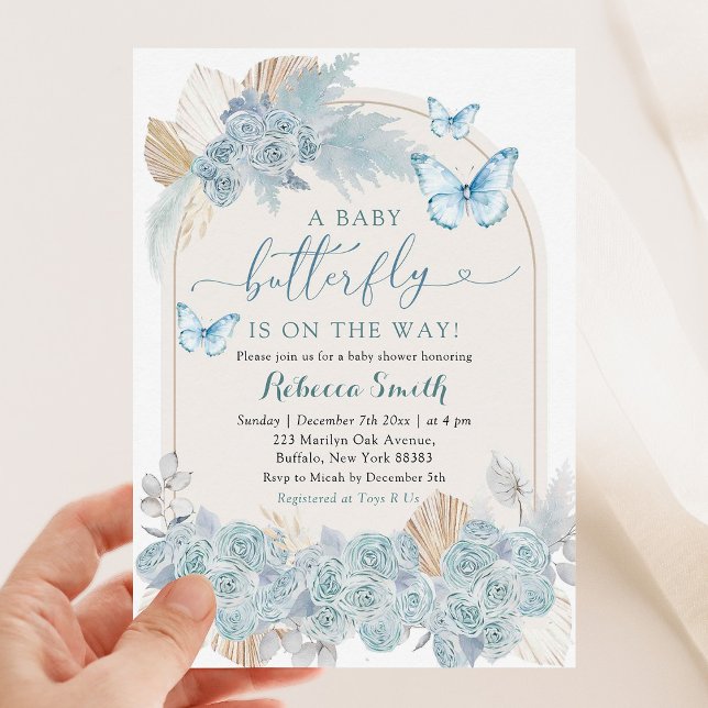 Invitation Boho Dusty Blue Floral Butterfly Baby shower (Créateur téléchargé)