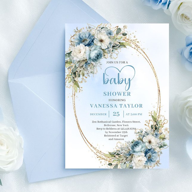 Invitation Boho Dusty Blue Floral Eucalyptus Gold Baby Shower (Printed with Zazzle’s premium professional quality, this baby shower invitation showcases soft water)