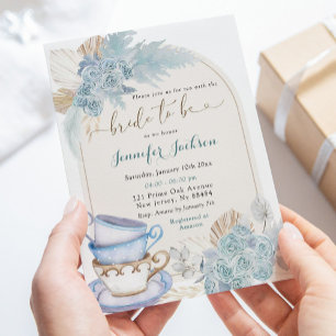 Invitation Boho Dusty Blue Floral Fête des mariées Tea Party