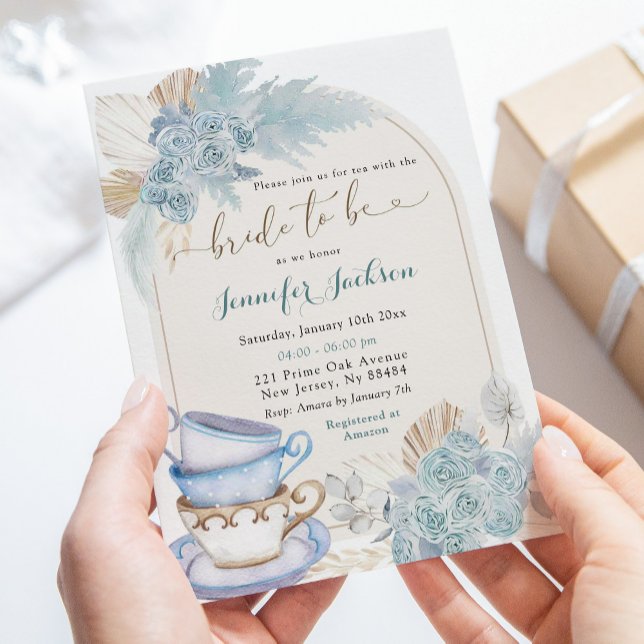 Invitation Boho Dusty Blue Floral Fête des mariées Tea Party (Créateur téléchargé)