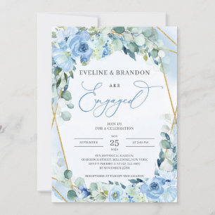 Invitation Boho Dusty Blue Floral Gold Cadre géométrique Enga