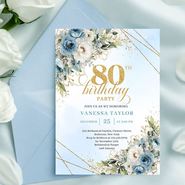 Invitation Boho Dusty Blue Floral Gold pour 80e an (Boho Dusty Blue Floral Gold 80th Birthday Invitation XL

)