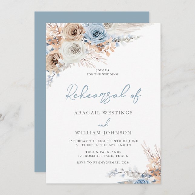 Invitation Boho Dusty Blue Floral Mariage Dîner de répétition (Devant / Derrière)