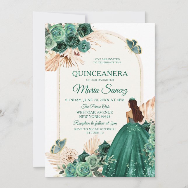 Invitation Boho Dusty Blue Floral Mexicain Quinceañera Invita (Devant)
