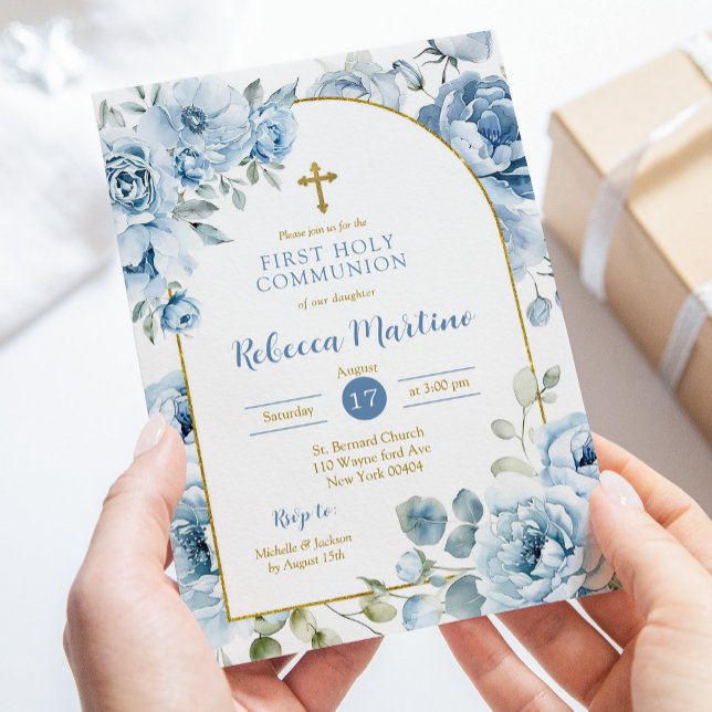Invitation Boho Dusty Blue Floral Première Communion Sainte (Créateur téléchargé)