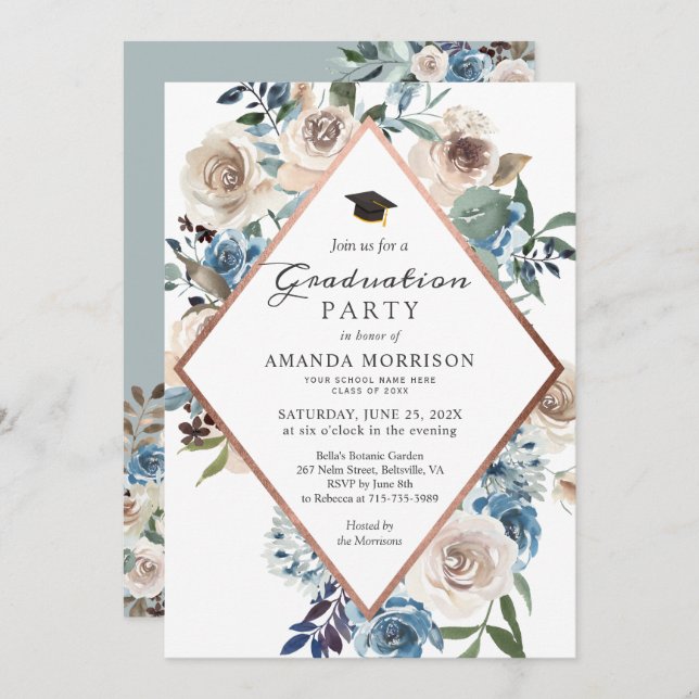 Invitation Boho Dusty Blue Floral Rose Gold Graduation Party (Devant / Derrière)