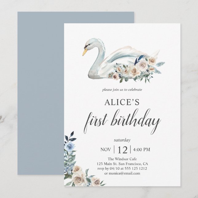 Invitation Boho Dusty Blue Flower Swan 1er anniversaire (Devant / Derrière)